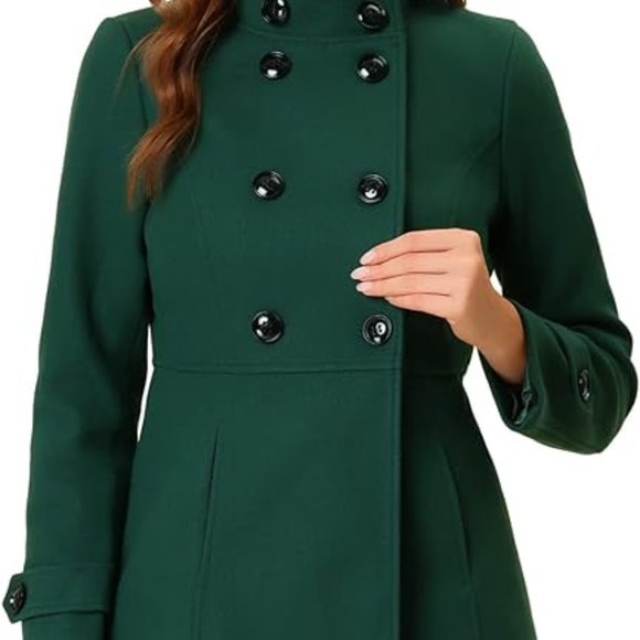 Allegra K Women's Stand Collar Double Breasted Slant Pockets Trendy Outwear - Picture 6 of 6